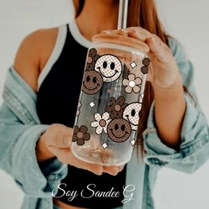 Happy Face NEW 16 oz clear glass can cup with Bamboo Lid & Straw - ONE CUP ONLY